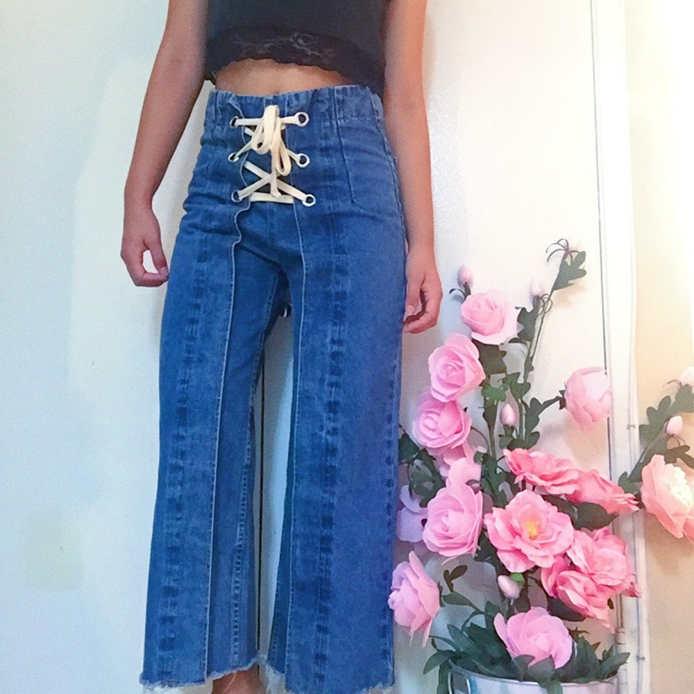 Lace up high waisted denim jeans